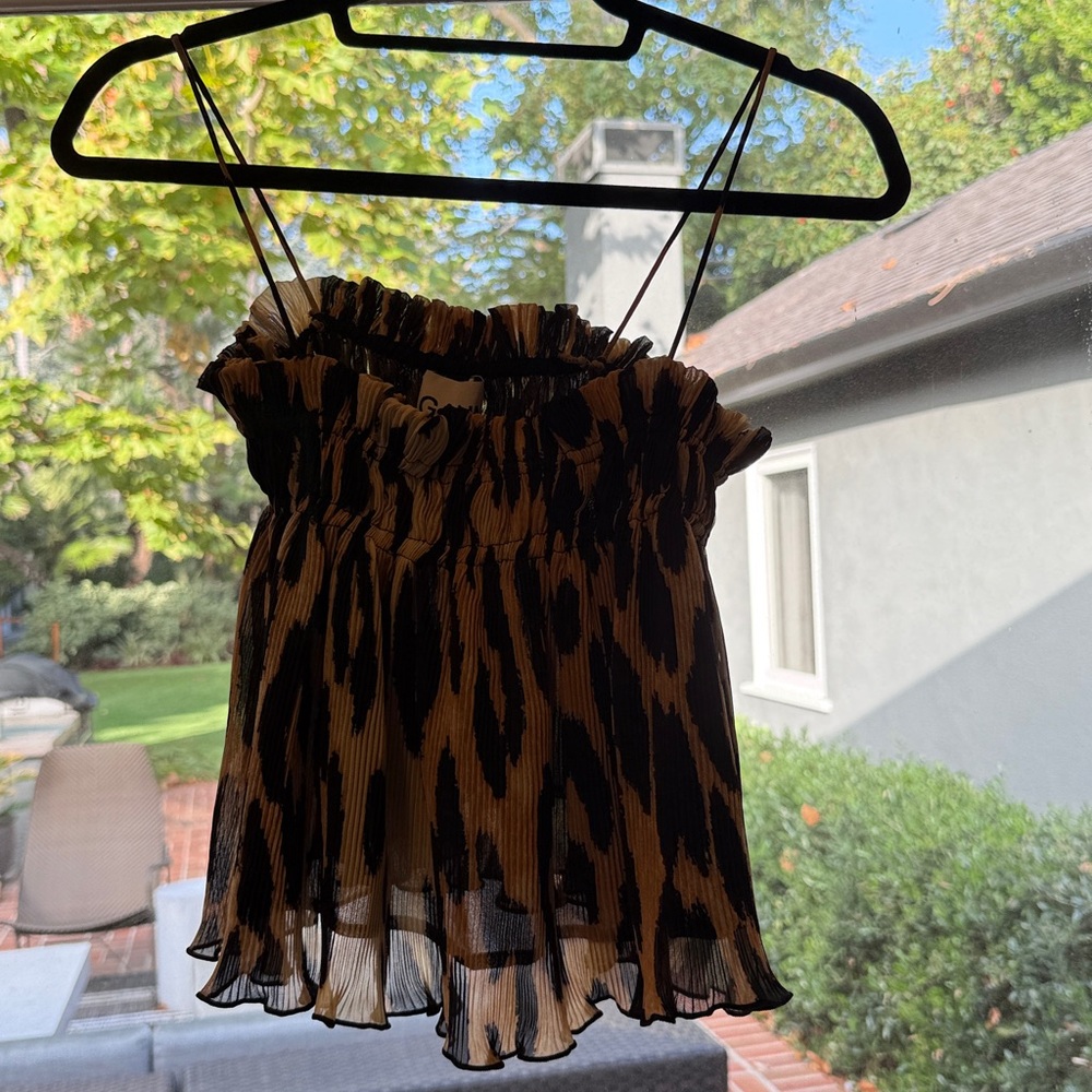 Ganni NWT Black and Tan leopard Camisole with Ruffle Accents